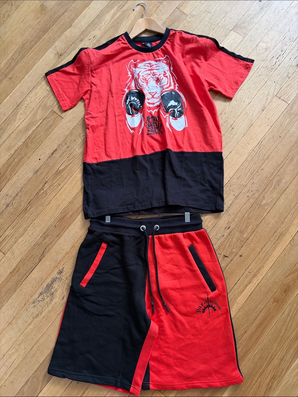 Red and Black Two-Piece Tee and Shorts Set with Tiger Graphic